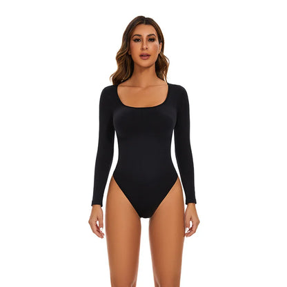 Open Crotch Big U Neck Seamless Bodysuit Long Sleeve Spandex Elastic Body Suit Shapewear Tummy Control Waist Shapers