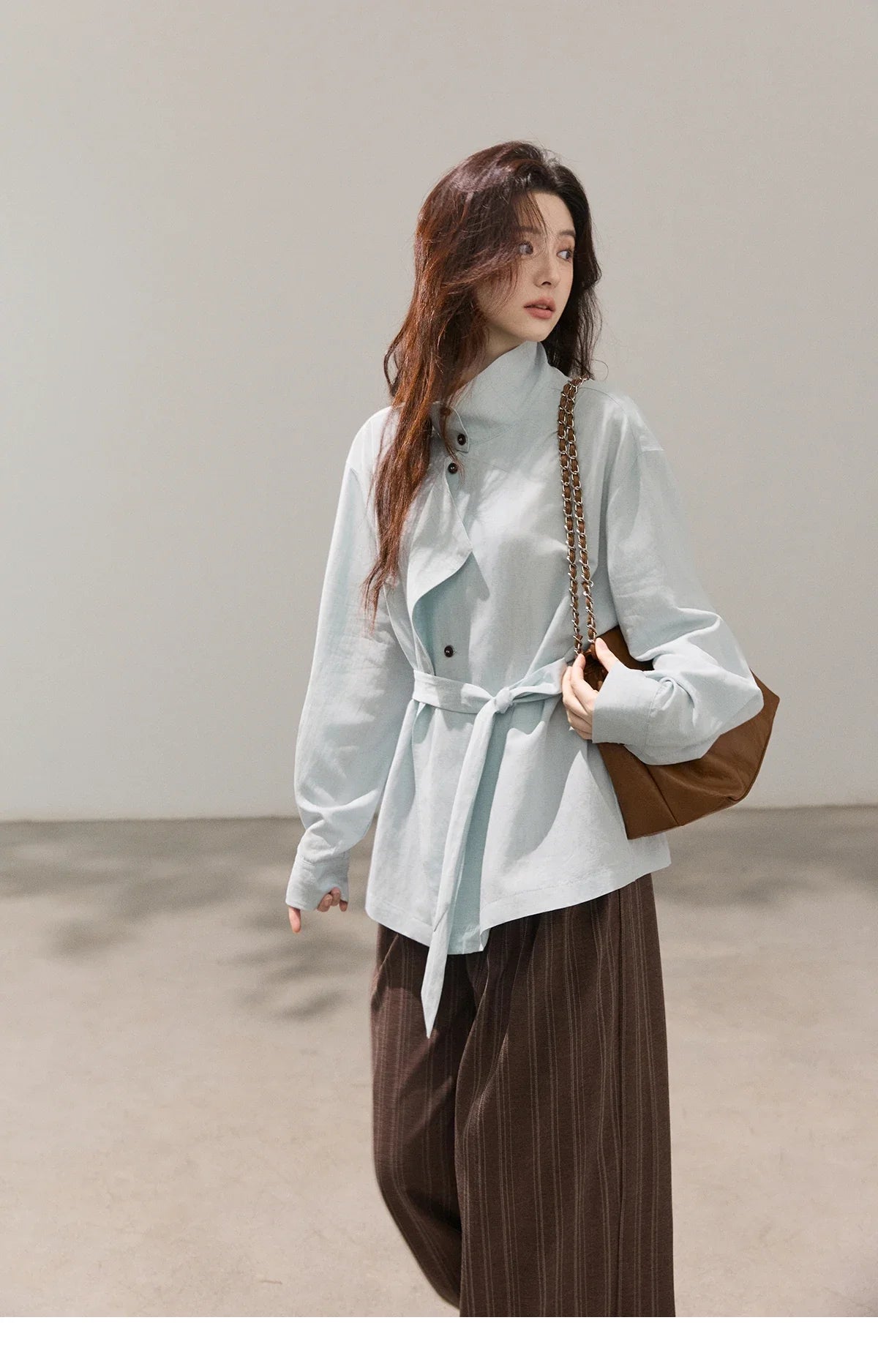 Women's Stand Collar Long Sleeve Shirts Spring Belted Waist Asymmetric Button Tops Casual Loose Solid Shirt MXF13C2459