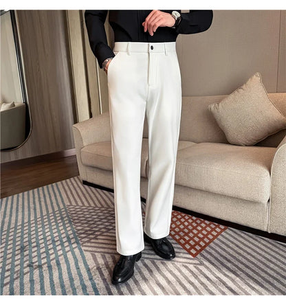 Men's Pleated Trousers, Elastic Waist, Wide-Leg, Casual Suit Pants, 2026 Spring, White/Black, S-4XL