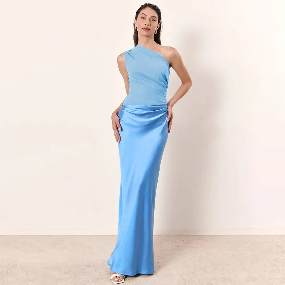 Patchwork Satin Sexy Dress Women One Shoulder Brown Sleeveless Evening Maxi Dress 2025 New Summer Elegant Party Clubwear Dresses