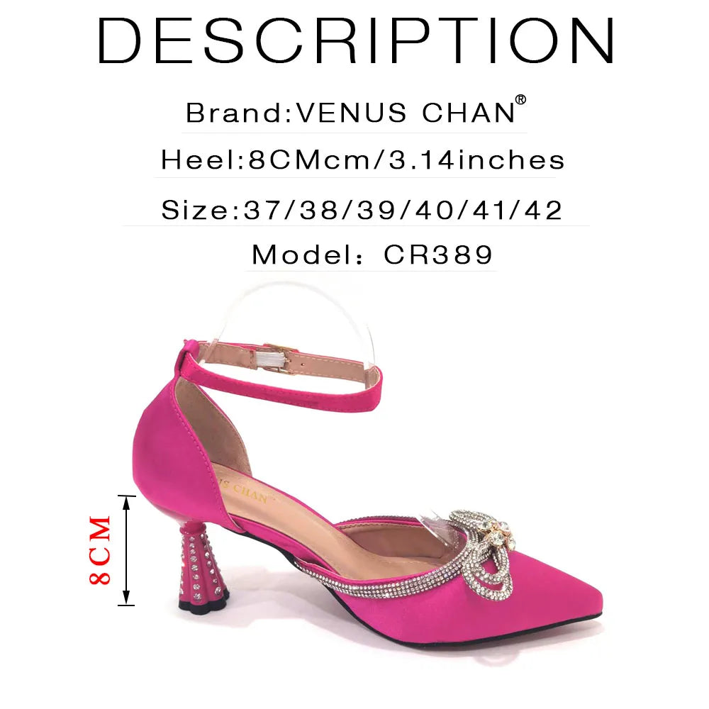 2023 Ladies Pointed-Toe Party High Heels Magenta Colour Bow Rhinestone Stereo Bag Evening  African Wedding Shoe And Bag Set