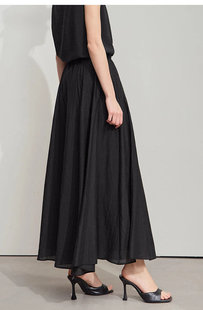 Minimalist New Summer Knee Length A-line Skirt Women Adjustable Drawstring Solid Color Commuting Style Loose Skirt 12522025
