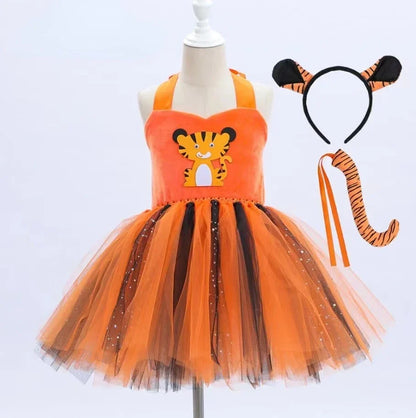 Baby Girls Halloween Animal Cosplay Costume Kids Forest Theme Giraffe Cows Tiger Leopard Zebra Print Tutu Dress Birthday Party