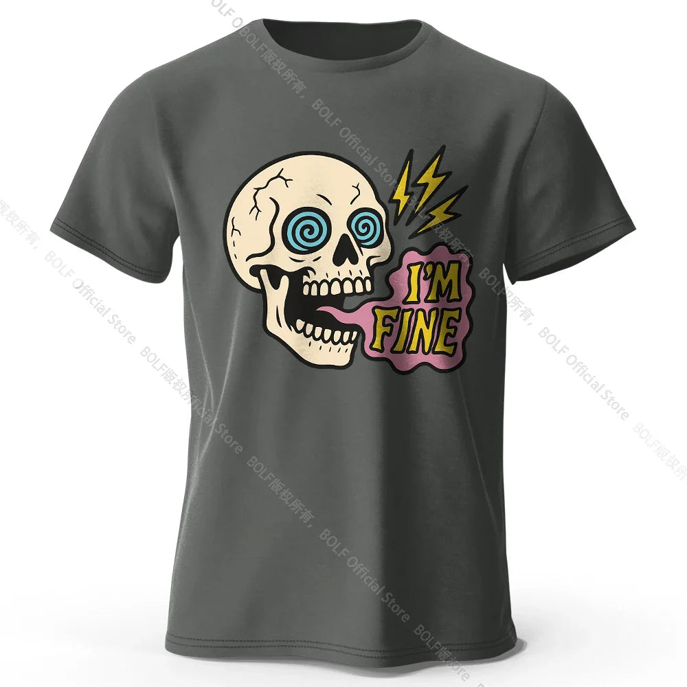 Men's I Am Fine Printed T-Shirt 100% Cotton Oversized Sarcastic Graphic Tees for Women Summer Tops Mood Streetwear