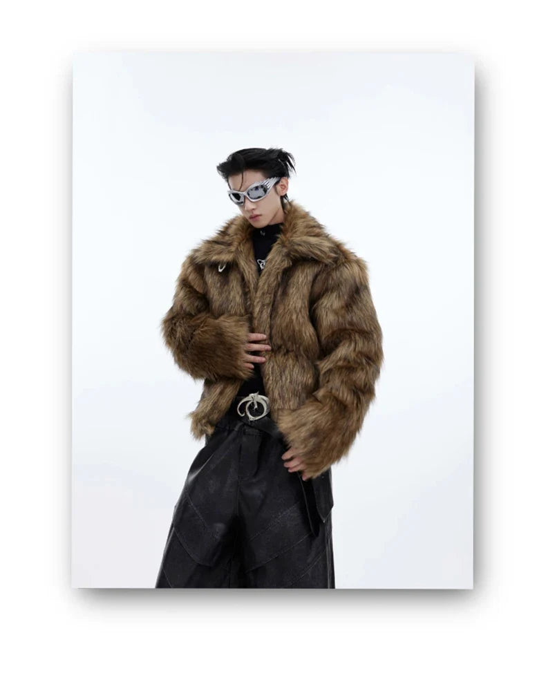 Winter Short Thick Warm Brown Hairy Soft Faux Fur Coat Men with Turn-down Collar Long Sleeve Fluffy Jackets 2024