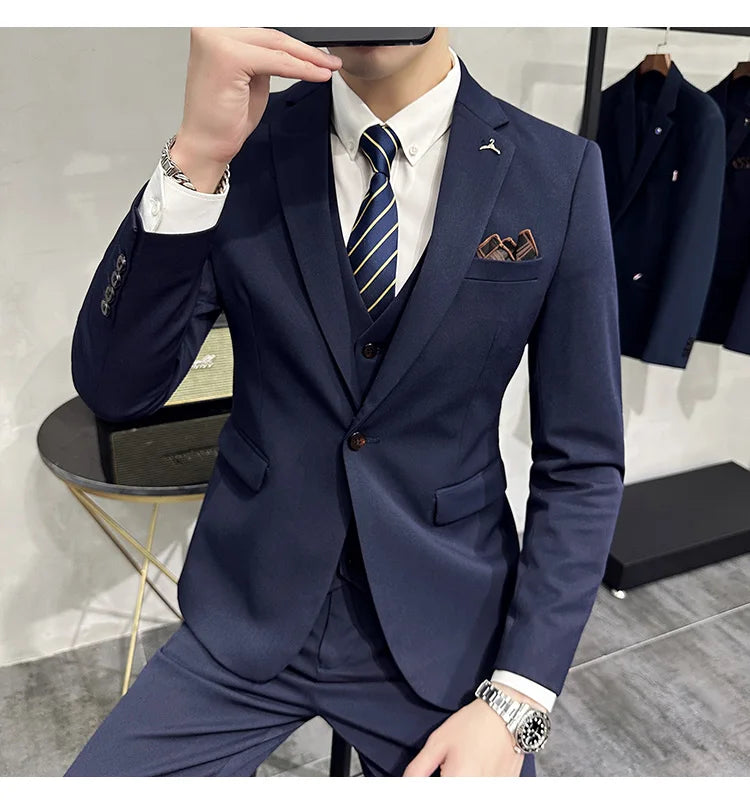 S-7XL Jacket Vest Pants Luxury Elasticity Boutique Fashion Men's Solid Color Casual Business Suit 3-piece Sets Groom Wedding