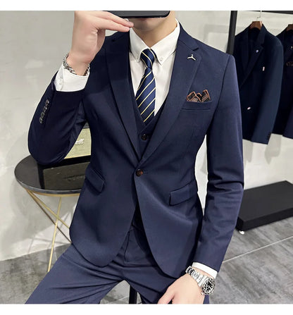 S-7XL Jacket Vest Pants Luxury Elasticity Boutique Fashion Men's Solid Color Casual Business Suit 3-piece Sets Groom Wedding