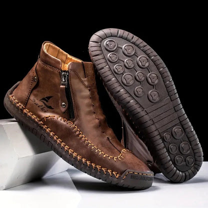 Men's Hand-Sewn High-Top Boots, Fashionable Side-Zip Casual Shoes, All-Season Outdoor Boots, Large Size Men's Shoes, Comfortable Bare Boots