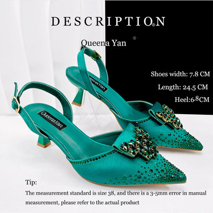 Green Color Rhinestone Comfortable Women's Pumps Heels And Bag Fashion Style Pointed-Toe Shoes For Farty  Occasion