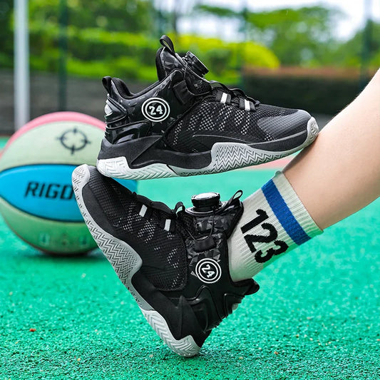 Boys Girls Quick Twist Lace Basketball Shoes Wear Resistant Comfortable Outdoor Athletic Footwear