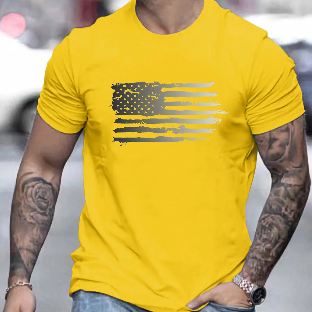 Men's summer 100 cotton fashionable casual loose plus size American flag printed sports round neck short sleeved T-shirt top