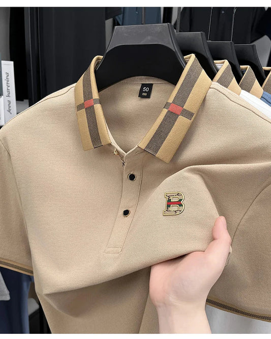 Summer men's light luxury brand letter printed short sleeved T-shirt Polo shirt breathable striped collar business casual top