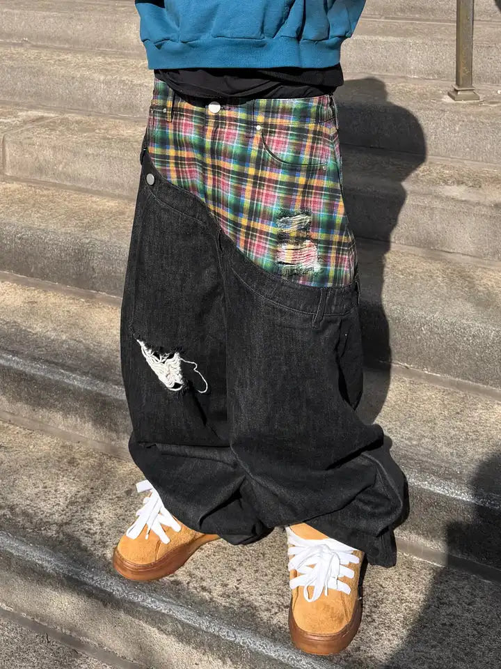 Y2k Slanted Runway Baggy Jeans Retro Plaid Patchwork Men Women Wide Leg Pants American Hip Hop Streetwear Unisex Casual Jeans