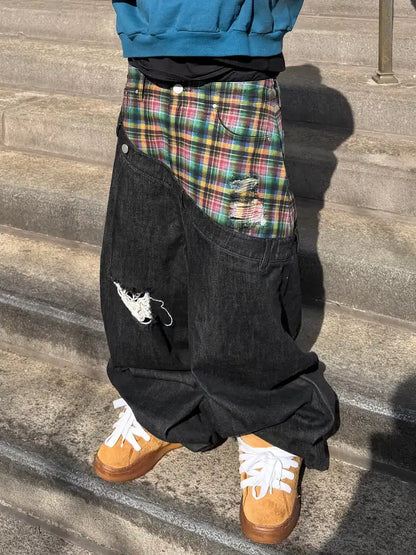 Y2k Slanted Runway Baggy Jeans Retro Plaid Patchwork Men Women Wide Leg Pants American Hip Hop Streetwear Unisex Casual Jeans