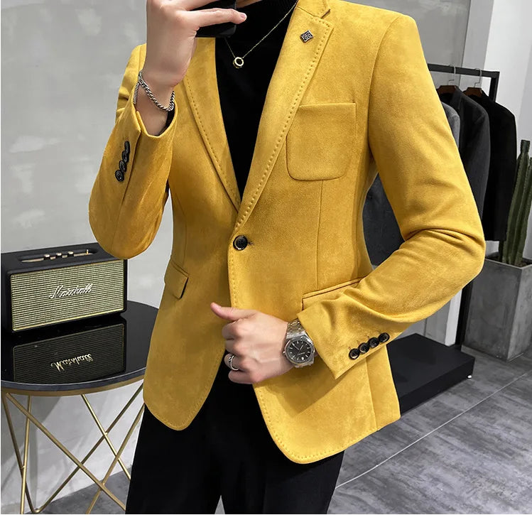 Men's Deerskin Fleece Suit Jacket 2025 Spring New High Quality Single Button Slim Fit Business Casual Suit Coat  Men Clothing
