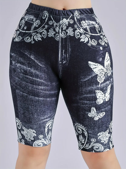 Lmitation Denim Leggings For Women Butterfly Waist Fruit Flower Elastic Shorts High Waist Casual
