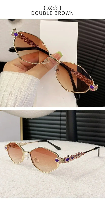Retro Geometric Polygon Metal Frame Sunglasses with Colorful Enamel Temple Arms UV400 Trendy Women's Fashion Shades Gafas De Sol