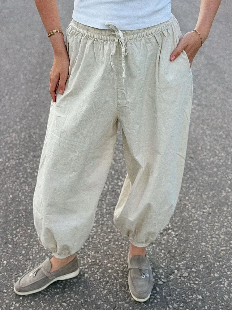 Summer Cotton Oversized Pants For Women Blue Baggy Aladdin Trousers Elastic Bloomers Navy Blue Cropped Lantern Harem Pants Woman