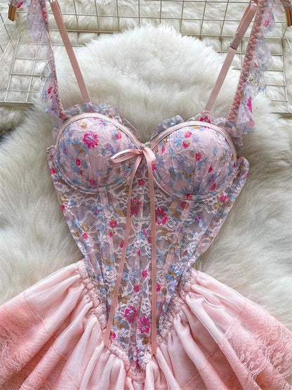 Woman Fashion Sexy Strap Dress New Sleeveless Slim Floral Print Mini Dress Comfortable Breathable Mesh Lace Mini Dress