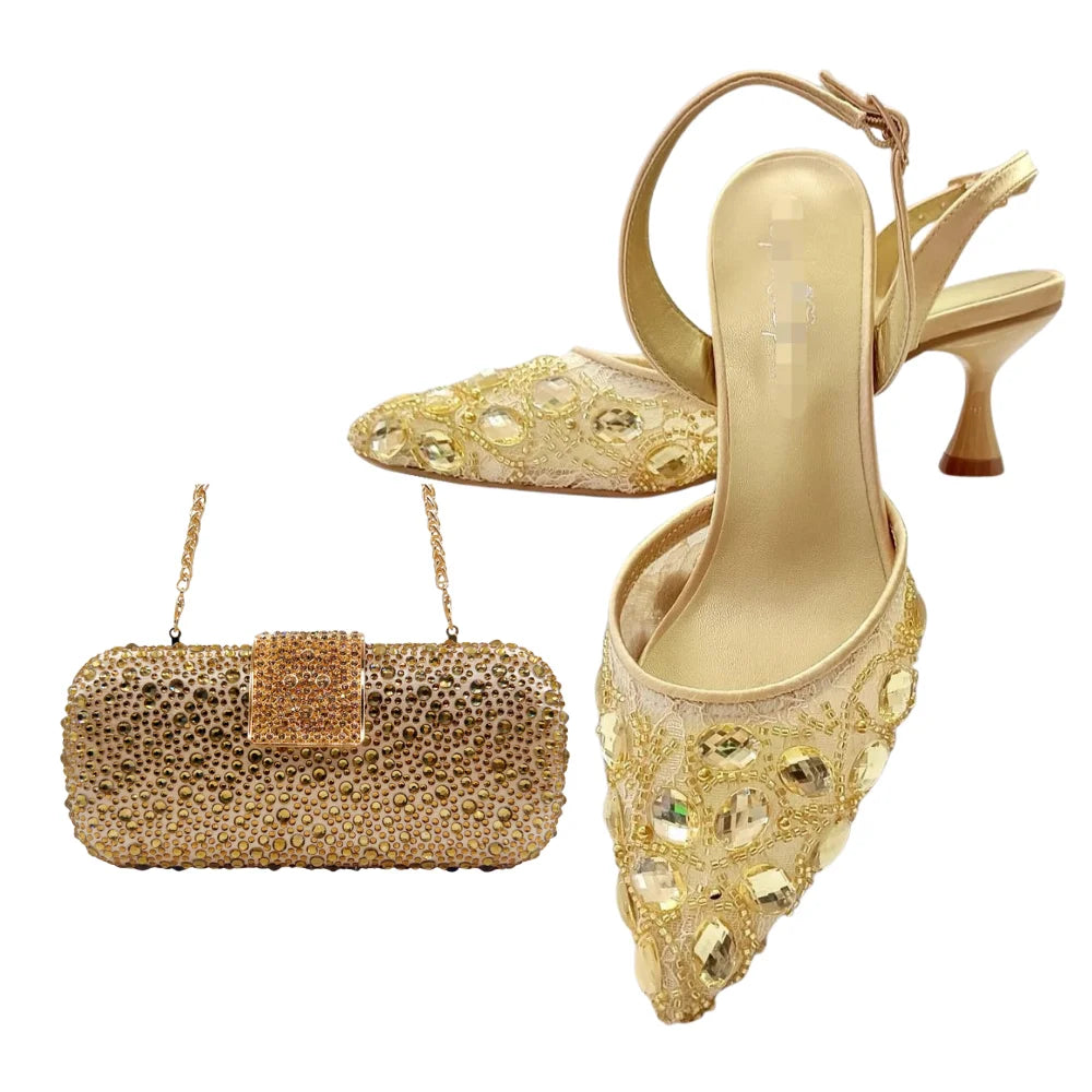 Women's Clutch Bag and Shoes Fairy Diamond High Heels Stylish Dress Shoes Pointed Toe Stiletto Heels Elegant Party Wedding Shoes