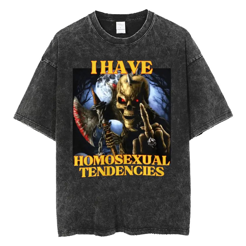 Autism Skeleton Meme T Shirt Human Funny Skull Men Women Harajuku Gothic Vintage Washed T Shirts Oversized Casual Cotton T-shirt