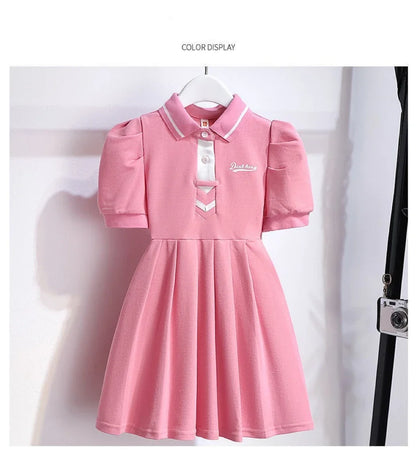 1pcs Summer Children's Dress Girl's Korean Edition Bubble Sleeves Flip Collar Dress Kids Princess Dress Baby Sweet Pleated Skirt