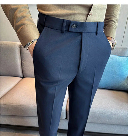 Autumn Winter Thicken Elastic Waist Casual Suit Pants High Quality Men Woven Dark Striped Slim Fit Office Social Dress Trousers