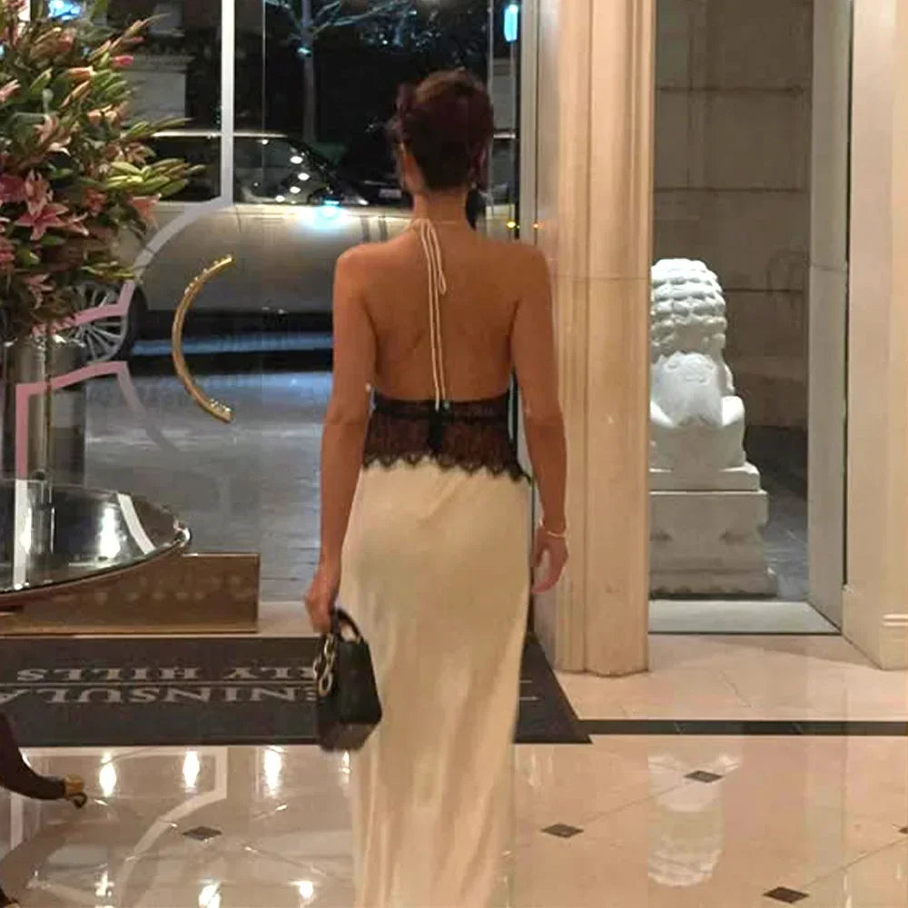 Sexy Deep V-neck Backless Lace Patchwork Satin Dresses for Women 2026 Summer Halter Sleeveless Long Maxi Party Evening Dress