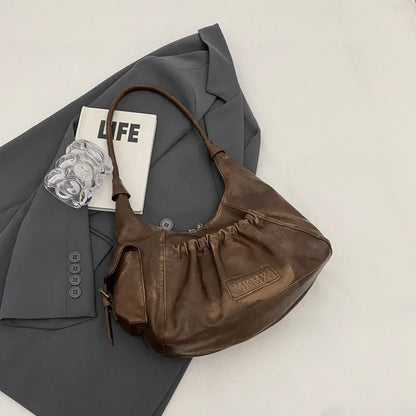 Retro Leather Shoulder Bags for Women 2025 Spring Vintage Underarm Bag Handbags and Purses Latest Fashion Hand Bag