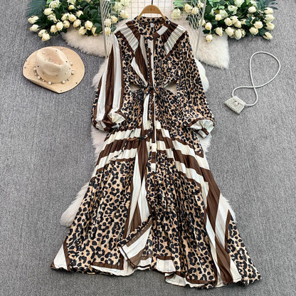 Ele Printed round Ne Lantern Sve Dr Women's Single Button Waist Cinch Maxi Skirt Long Dr Commute Sle Autumn