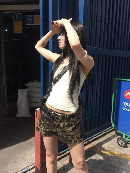 Sexy Leopard Printed Denim Shorts Women Vintage Y2k Low Waist Gyaru Streetwear Summer 2024 Chic Female Retro Short Jeans