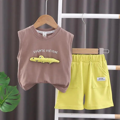 Boys Clothing Children Summer Girls Set Kids Clothing Cartoon Crocodile Sleeveless Shorts 2pcs Suits Children Tracksuits 0-5Year