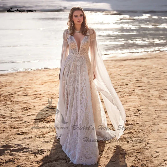 Lakshmigown Vintag Boho Beach Wedding Dresses Detachable Lace Cape 2025 Vestidos Sexy Champagne Bridal Gowns Deep Customized