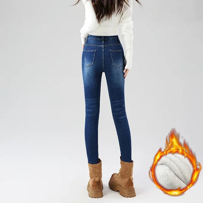 Women's Fleece Warm Winter Jeans Thicken Elastic Skinny Pencil Pants Fashion Korean Slim Plush Thermal Leggings Trousers