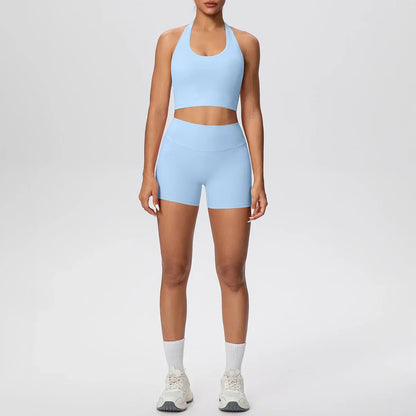 2picese Women Yoga Suit Solid Color High Waist Hip Push Up Fitness Shorts Sexy Pilates Backless Gym Hanging Neck Bra Yoga Set