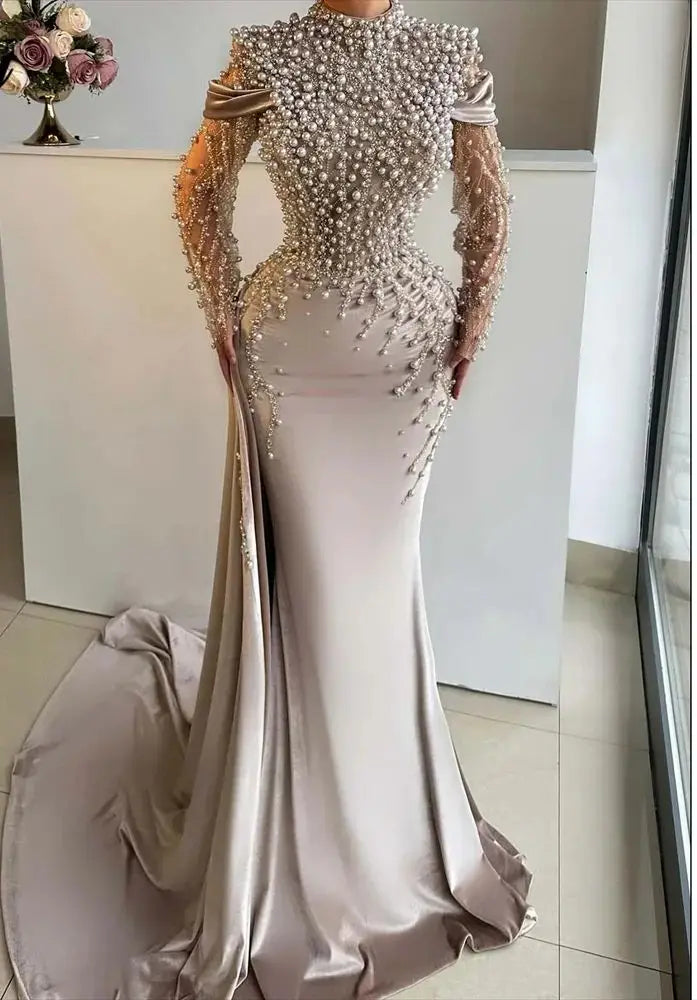 Aenyrst Light Beige Satin فساتين السهرة High - Neckline Party Dresses Pearl - Embellished and Mesh - Sleeve Mermaid