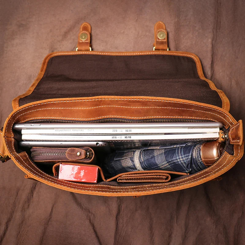 Vintage Crazy Horse Leather Messenger Bag Men's Genuine Luxury Sling Shoulder Bag Office Briefcase Crossbody 12.9 Inch Ipad