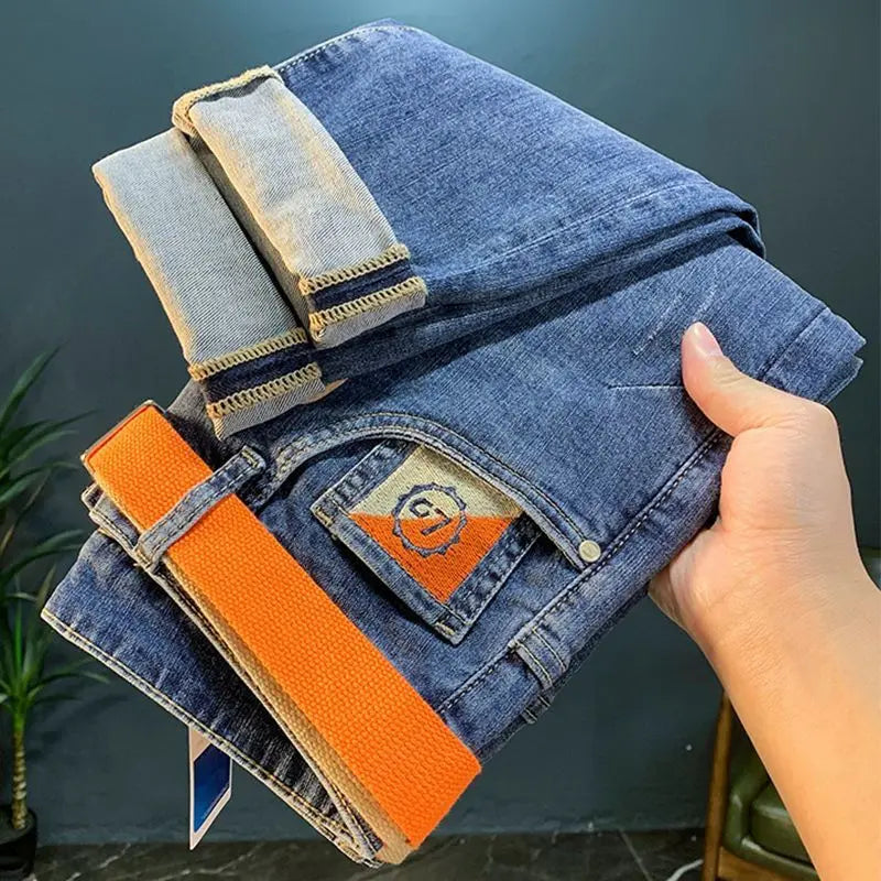 High Quality Fashion Luxury Washed Men's Slim Jeans Elasticity Black and Gray Classic Designer Cargo Denim Boyfriend Jeans Men