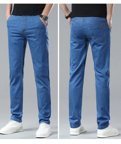 Men's Ice Silk Jeans Summer New Lyocell Thin Business Casual Denim Pants Classic All Match Slim Fit Straight Elastic Jean Male