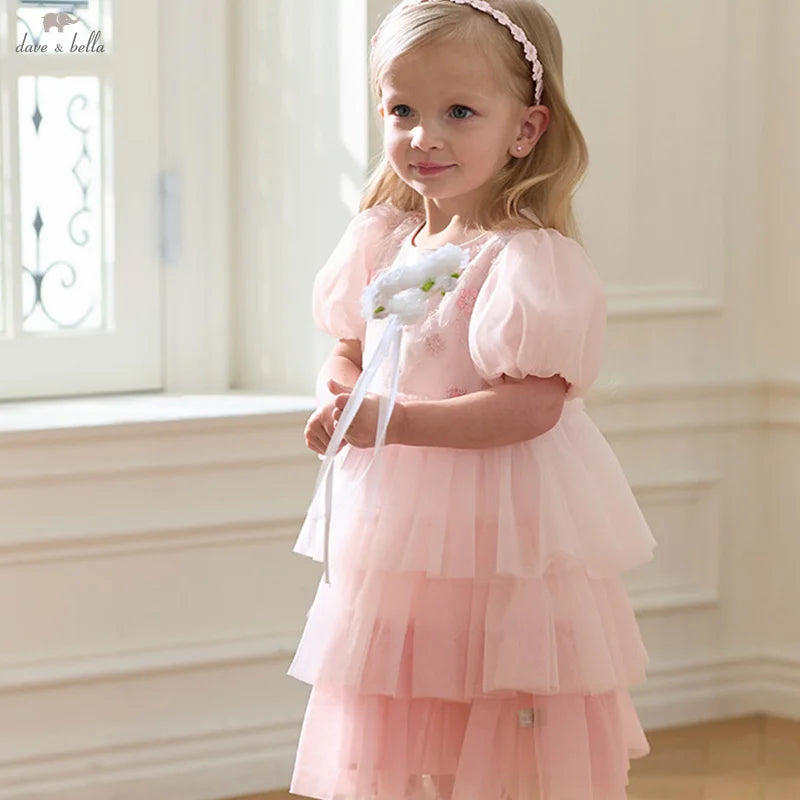 Girls Baby Princess Dress Summer Sweet Cute Bubble Sleeves Elegant Pink Mesh Layered Dress Party Outdoor DB2251649