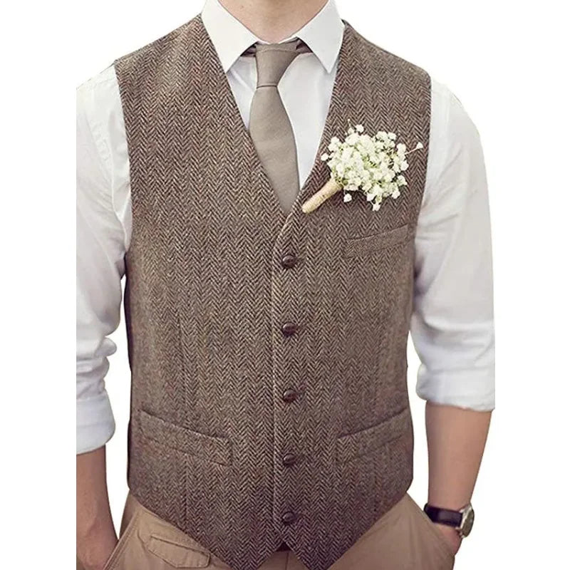 Men Vest Silver Herringbone V Neck Single Button Waistcoat For Wedding Banquet Birthday Business Casual Work Men Suit