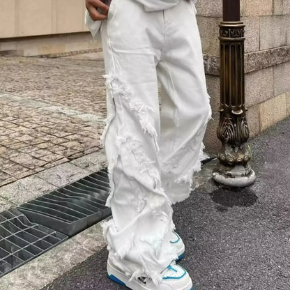 American Style Erosion Damage Raw Edge Street Jeans Men's Harajuku Style Hip-hop Dance Straight White Jeans Women's Y2k Clothing