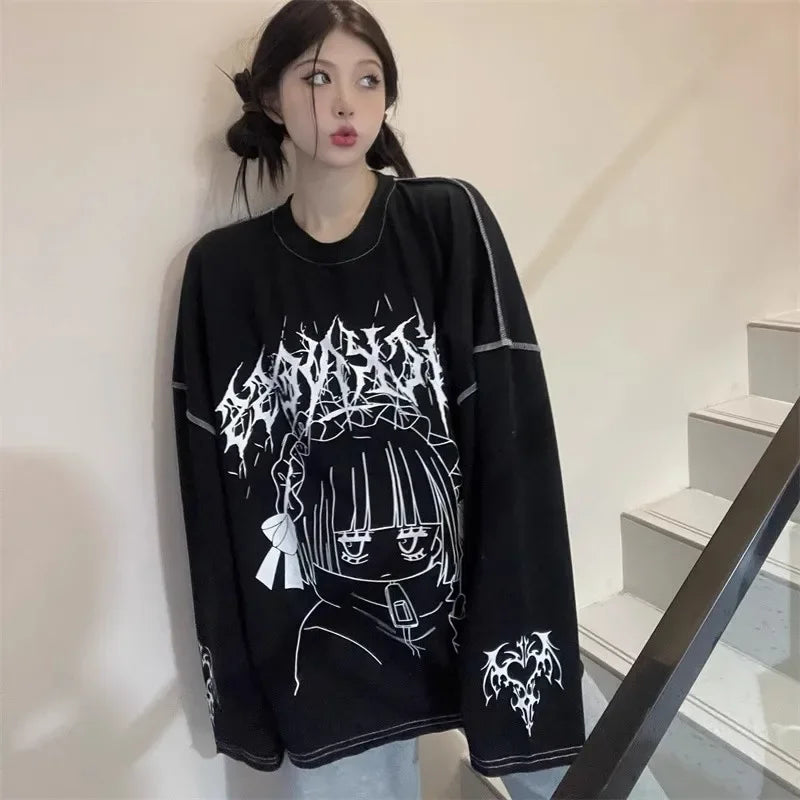 Harajuku Kawaii T-Shirt Women Sweet Japanese Gothic Subculture Loose Letter School Student Tees Long Sleeve Top Spring Outwear