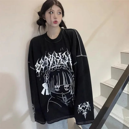 Harajuku Kawaii T-Shirt Women Sweet Japanese Gothic Subculture Loose Letter School Student Tees Long Sleeve Top Spring Outwear