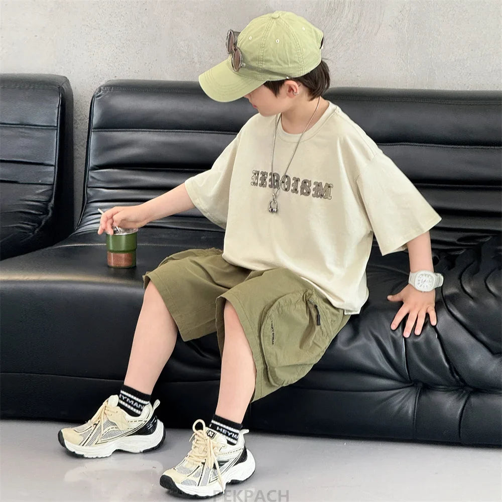 New Summer Korean Children Fashion Suit for Teen Boy Cotton Top And Bottom Set Kids Casual Tshirt Shorts 2PCS Clothing Set 7-16Y