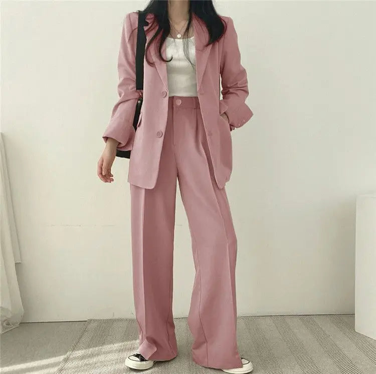 Casual Notch Lapel Suit Set with Button Thick Wide Leg Small Suit Pants High Waist Drape Polyester Business Lady Style Women