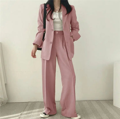 Casual Notch Lapel Suit Set with Button Thick Wide Leg Small Suit Pants High Waist Drape Polyester Business Lady Style Women