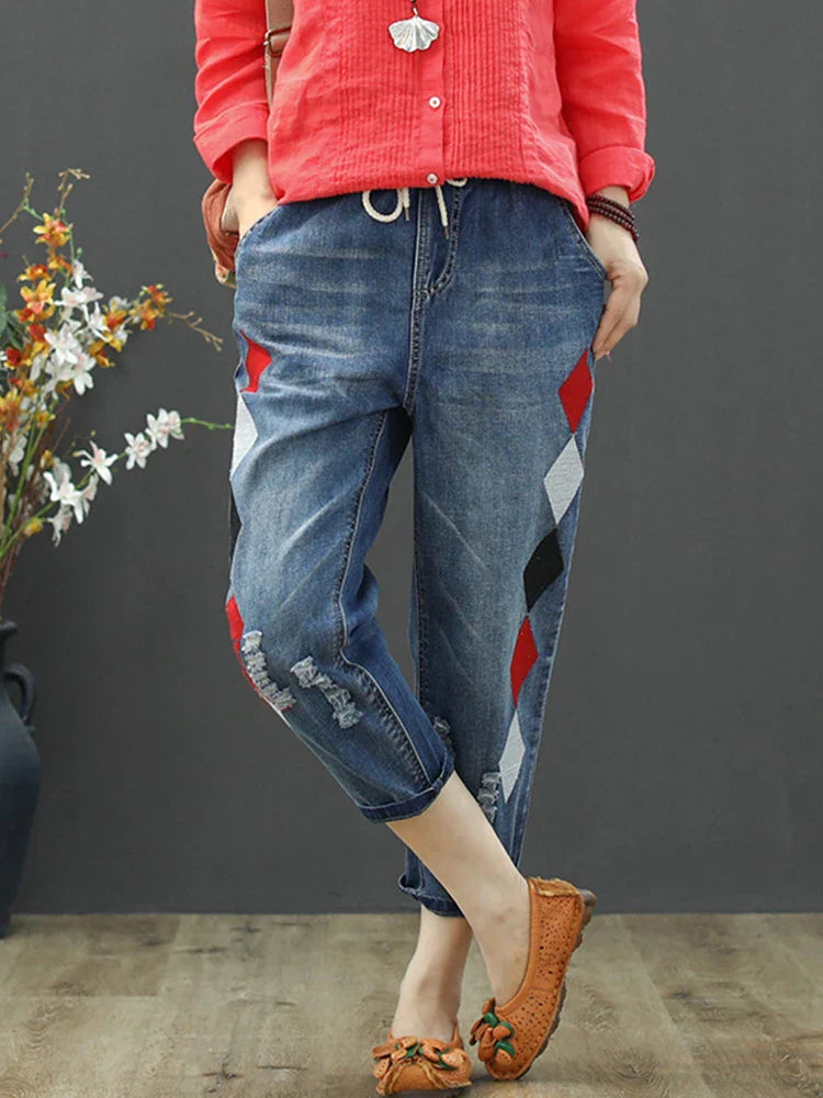 Summer Females Luxury Embroidery Jeans Womens Fashion Vintage Ripped Denim Trousers Loose Holes Elastic Harem Pants