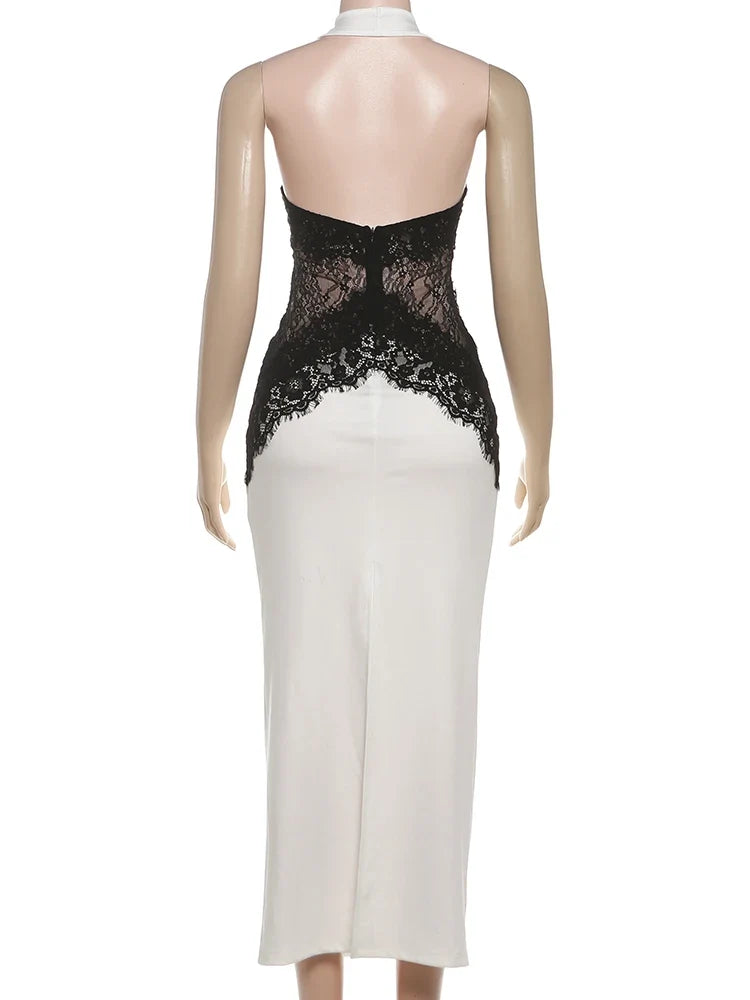 Lace Patchwork Long Dresses Woman Halter o-Neck Off Shoulder Backless Robe Midnight Prom Party Elegant Skinny Vestidos