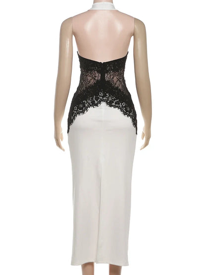 Lace Patchwork Long Dresses Woman Halter o-Neck Off Shoulder Backless Robe Midnight Prom Party Elegant Skinny Vestidos